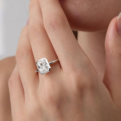 Radiant Cut Moissanite Engagement Ring for Women, Bezel Set Solitaire Ring | D Color VVS1 925 Sterling Silver 14K Gold Plated Wedding Ring, Available in 2CT 3CT 5CT, Diamond Alternative Promise Jewelry - style: 01 - White Gold - 3CT Radiant Moissanite