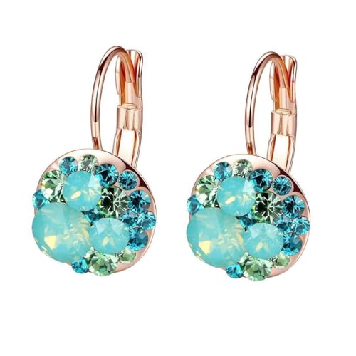 Multicolored Austrian Crystal Leverback Earrings for Women 14K Gold Plated Dangle Hoop Earrings Hypoallergenic Jewelry - color: Green Main Crystal/Rose Gold-tone