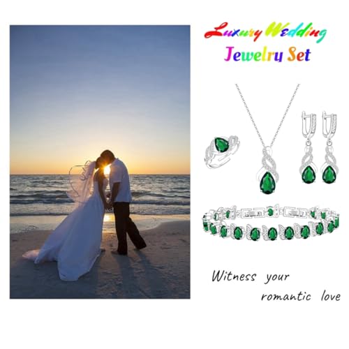 LMXXVJ Jewelry Set for Women,Teardrop Cubic Zirconia Necklace Earrings Adjustable Ring Bracelet Jewelry Set Formal Jewelry Gift - color: MHSD-White Gold-Green