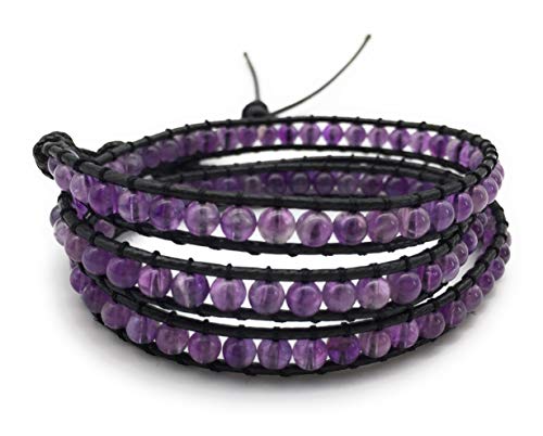 Handmade Alloy Leather Natural Stone Bead Statement Bracelet Bangle Cuff Rope 3 Wrap Adjustable Jewelry Collection - color: Amethyst & Black Leather Cord