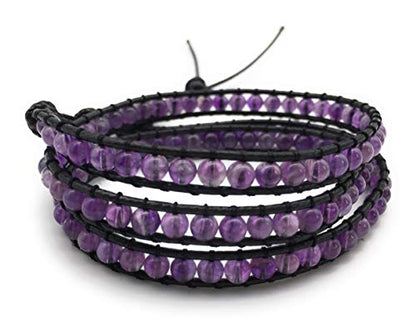 Handmade Alloy Leather Natural Stone Bead Statement Bracelet Bangle Cuff Rope 3 Wrap Adjustable Jewelry Collection - color: Amethyst & Black Leather Cord