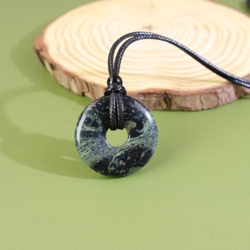 FANASY Natural Gemstone Pendant Necklce Lucky Coin Crystal Necklace Protection Donut Pendnat with Adjustable Rope for Men Women - color: Sparrow Stone