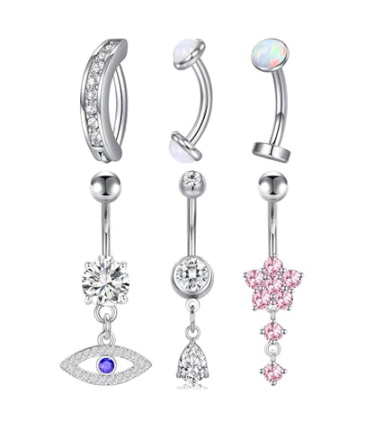 QWALIT Belly Button Rings 14G Surgical Steel Belly Rings CZ Opal Navel Piercing Jewelry for Women Girls 3/8" 10mm Silver Rose Gold - color: G1- Mix 6pcs - silver