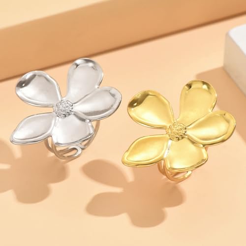 Gold Flower Ring for Women Trendy Silver Flower Statement Ring Adjustable Minimalist Rings Jewelry - color: Silver, style: Flower B