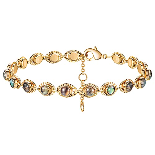 MEVECCO Dainty Chain Bracelets for Women, Layered and Charm Styles | 14K Gold Plated Brass, Select Cubic Zirconia Accents, Single and Multi-Row Structures for Refined Everyday Wristwear - style: Evil Eye 3 Turquoise Bead