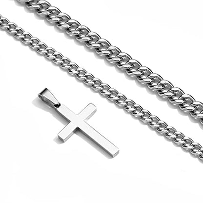 Zocomi Cross Necklace for Men Boys, Stainless Steel Layered Cuban Link Herringbone Chain Cross Pendant Christian Fashion Jewelry Gifts 16-24 Inches - color: Silver, size: 18inch/20inch, style: Cuban+Cuban