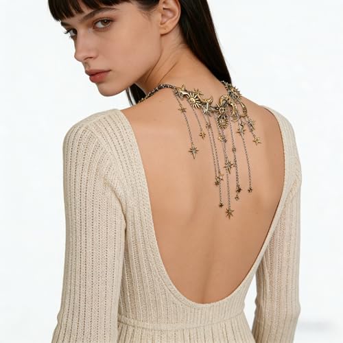 Vintage Exaggerated Alloy Zirconia Moon Star Multi-Pendant Tassel Necklace, Luxury High-End Style, Elegant Jewelry for Women