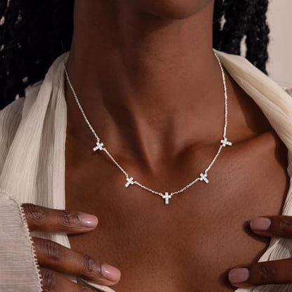 VRIUA Necklaces for Women - 14K Gold/Silver Plated Dainty Chain Necklace with Five Charms: Diamond, Bow, Snowflake, Cross, Flower, Clover, Butterfly, Heart, Star of David, and Star Trendy Jewelry - color: Silver, style: Cross CZ