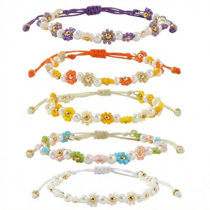 Daisy Pearl Flower Beaded Bracelets for Women, Colorful Floral Adjustable Rope Gold Seed Beads Stackable Boho Pearl Braided Flower Bracelet Stack Summer Jewelry Trendy Cute Friendship Gifts