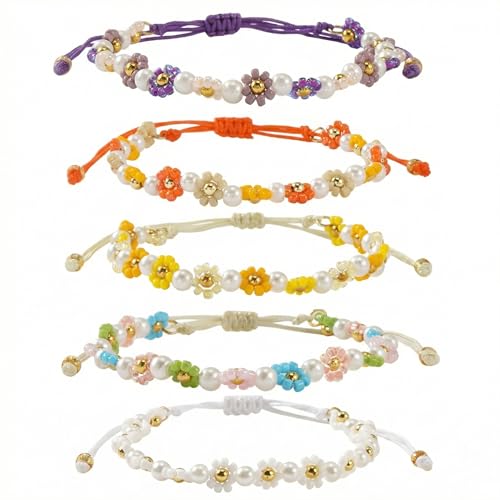 Daisy Pearl Flower Beaded Bracelets for Women, Colorful Floral Adjustable Rope Gold Seed Beads Stackable Boho Pearl Braided Flower Bracelet Stack Summer Jewelry Trendy Cute Friendship Gifts