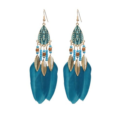 Boho Feather Dangle Earrings – Handcrafted with Turquoise Beads, Silver Accents & Blue Feathers – Gift Set for Women, Mom, Wife in Premium Gift Box