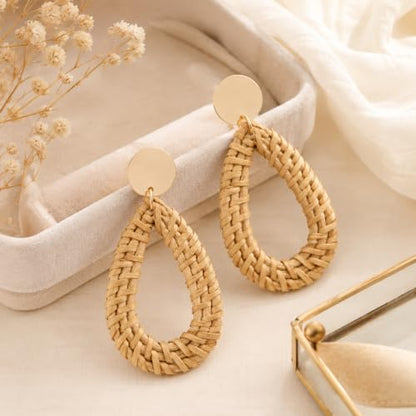 Handmade Rattan Teardrop Dangle Earrings for Women, Lightweight Boho Woven Statement Earrings with Gold Fish Hook, Natural Straw Weave Vacation Jewelry for Summer Beach - style: Woven Teardrop Hoop