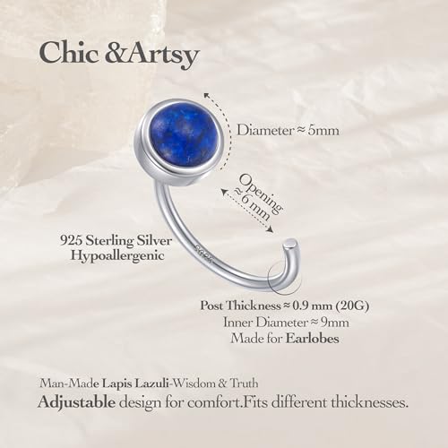 CHIC & ARTSY 925 Sterling Silver Half Hoop Earrings for Women, Dainty Huggie Hoops with Synthetic Opal, Moonstone, CZ & Gemstones, Lightweight Comfort Fit Everyday Elegant Jewelry - color: Synthetic Lapis Lazuli/Silver