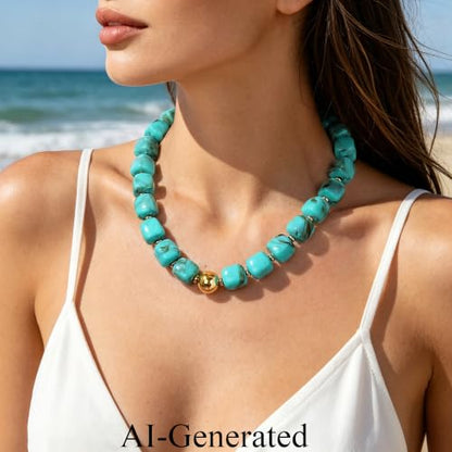 Ritach Chunky Beaded Necklaces for Women - Colorful Large Square Acrylic Beaded Necklace Boho Chunky Necklace Adjustable Statement Choker Necklace for Women Waterproof Summer Beach Jewelry Gifts - color: Turquoise