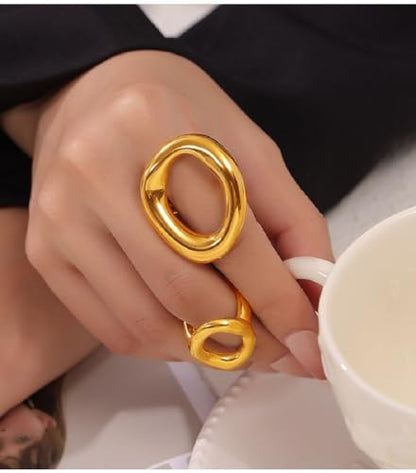 Kokoma Hollow Oval Shaped Chunky Statement Ring for Women Stainless Steel Irregular Thick Chunky Finger Band Stackable Rings Geometric Ring Minimalist Jewelry - color: Gold