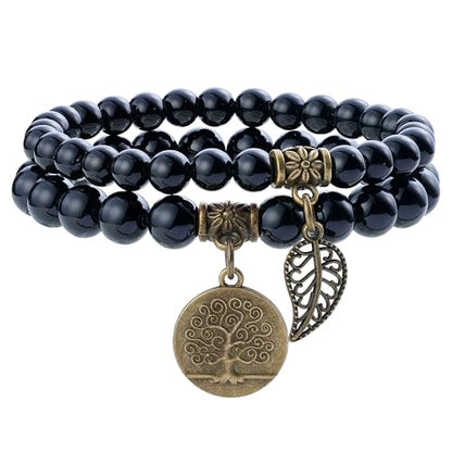Bivei Natural Semi Precious Gemstone beads bracelet for women - Life Tree and Leaf Charm Energy Reiki Crystal Stretch Bracelets - color: Onyx Bracelet Set, size: Medium:6.8-7.24inch