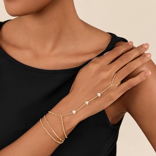 Cicy Bell Hand Chain Bracelets for Women 18K Gold Plated | Layered Stackable Dainty Ring Bracelets, Adjustable Satellite Bead Dot Link Finger Bracelets - color: Style G-Gold