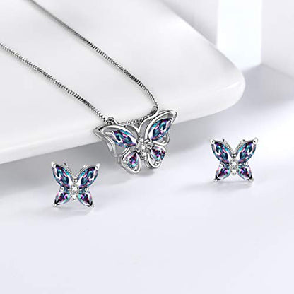 Aurora Tears Butterfly Jewelry,Women 925 Sterling Silver Butterflies Birthstone Pendant Necklace/Earrings/Rings Wedding Gift - color: M.Mysitc-set 2