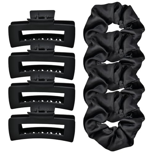 8pcs Black Hair Accessories Set – Square Hair Clips for Women, Satin Hair Scrunchies for Thick Thin Hair, Non-Slip Matte Hair Claws, Birthday Gift - color: All Black Set