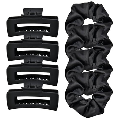 8pcs Black Hair Accessories Set – Square Hair Clips for Women, Satin Hair Scrunchies for Thick Thin Hair, Non-Slip Matte Hair Claws, Birthday Gift - color: All Black Set