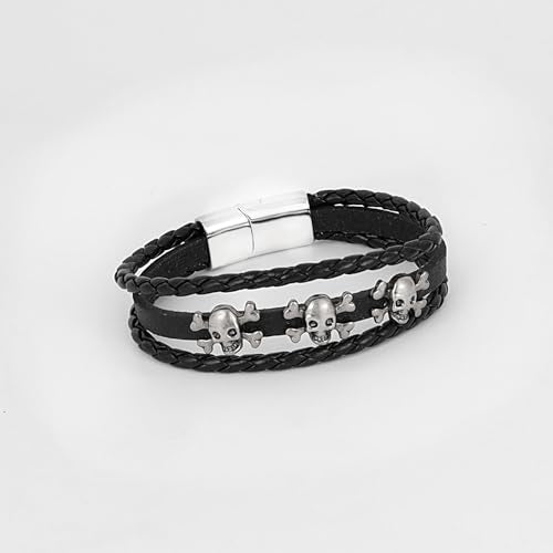 6Pcs Men Braided Leather Bracelet Black Punk Rock Skull Bracelet - color: C: Black