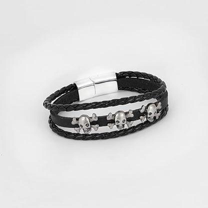 6Pcs Men Braided Leather Bracelet Black Punk Rock Skull Bracelet - color: C: Black