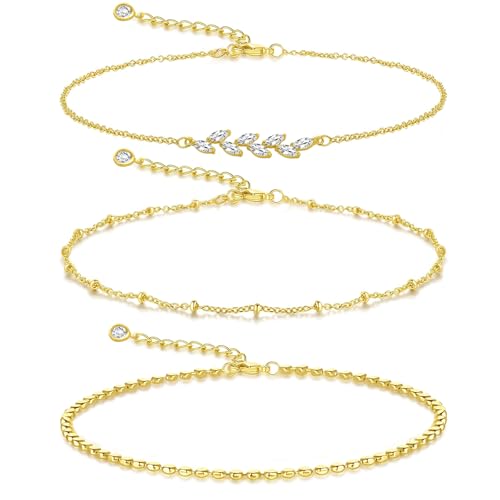 Gold Ankle Bracelets for Women 14k Gold Plated Cuban Link Chain Anklet Set | Stackable, Waterproof, Layered Anklet Bracelets, Non Tarnish, Summer Beach Jewelry - color: Gold C-3pcs