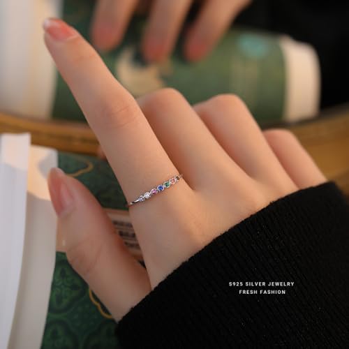 Rainbow Diamond Stacking Thin Ring for Women 925 Sterling Silver Cubic Zirconia Colorful Round Crystal Adjustable Open Statement Finger Bands Eternity Promise Rings Dainty Jewelry Gifts