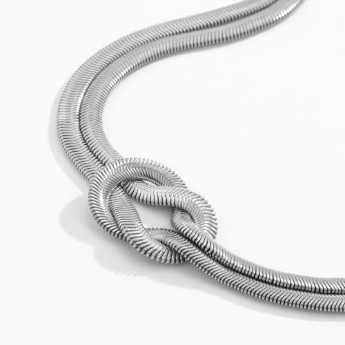 Chunky Knot Choker Necklace for Women Double Snake Chain Statement Collar Gold & Silver Tone Adjustable Party Daily Wear Jewelry Gifts - color: Silver