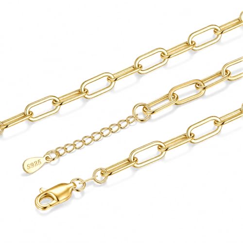 Gold Bracelet for Women, 18K Gold Plated 925 Sterling Silver Paperclip Chain Bracelet, 5MM Width, Gift for Women 6-7.5 Inches - color: 7 IN