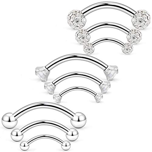 Eyebrow Barbell 16G Surgical Steel Rings with Clear Diamond CZ Curved Barballs Body Piercing Jewelry for Women Men 6mm 8mm 10mm 9 Pieces - color: A: 9Pcs-16G-Silvertone