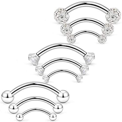 Eyebrow Barbell 16G Surgical Steel Rings with Clear Diamond CZ Curved Barballs Body Piercing Jewelry for Women Men 6mm 8mm 10mm 9 Pieces - color: A: 9Pcs-16G-Silvertone