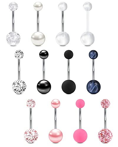 VCMART 14g 12mm & 14mm Navel Ring - Surgical Steel Belly Rings in Silver, Pink & Green for Women - Long Bar Belly Button Piercing Jewelry - style: A2 -14mm belly bar, 12pcs
