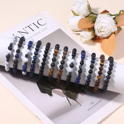 Giovanchi 4-12PCS Bracelets for Men, 8MM Mens Bracelets Lava Rock Black Obsidian Howlite Tiger Eye Beaded Natural Stone Bracelet Jewelry Gifts for Birthday Christmas - style: 12Pcs G