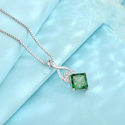 Infinity Necklace 925 Sterling Silver Princess Cut Pendant Birthstone Jewelry for Women - color: Emerald Green