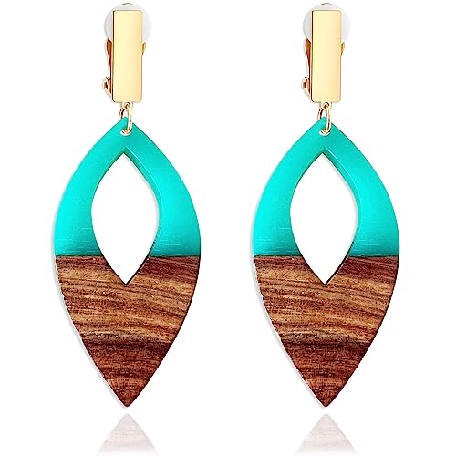 Wooden Geometric Clip On Earrings Women Gold Black Wood Non Pierced Ears Dangle Drop Earrings Triangle Leaf Comfortable Clip Earrings Jewelry - color: Leaf_Cyan+Gold
