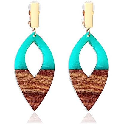 Wooden Geometric Clip On Earrings Women Gold Black Wood Non Pierced Ears Dangle Drop Earrings Triangle Leaf Comfortable Clip Earrings Jewelry - color: Leaf_Cyan+Gold