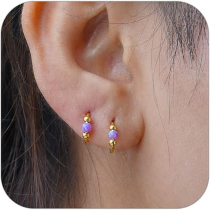 2 Pcs Small Cartilage Hoop Earrings for Women Men, 18G Opal Silver Earrings Hypoallergenic 316L Surgical Steel Hinge Huggie Hoop Earrings for Helix,Tragus,Conch,Rook,Earlobe Piercing Jewelry Nose Ring - style: 2Pcs 8mm Purple Opal/Gold