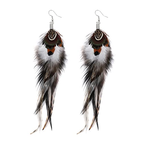 Bohemian Long Feather Earrings for Women Handmade Natural Dangle Tassel Jewelry - color: Style H