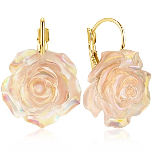 Handmade Bohemian Aesthetic Dainty Acrylic Flower Petal Leverback Earrings Sparkly 14K Gold Floral Dangle Drop Earrings for Women - color: Orange
