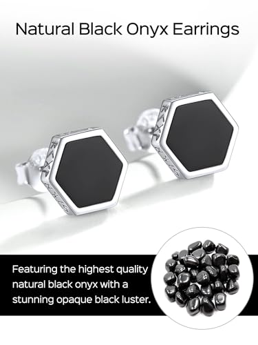 ChicSilver 925 Sterling Silver Viking Rune Natural Black Onyx Stud Earrings For Women Men - style: D: Hexagon Black Onyx