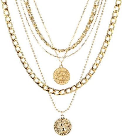 Todenb Layered Gold Pirate Necklace for Women Chunky Chain Pirate Jewelry 80s 90s Coin Pendant Necklace Pirate Costume Accessories - color: Gold
