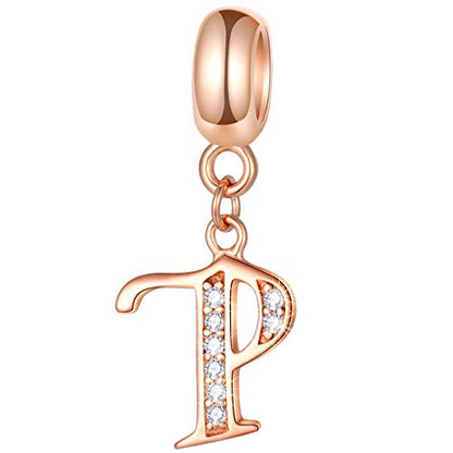 EMOSTAR Letter Charms Initial A-Z Alphabet Beads, Rose Gold 925 Sterling Silver Dangle CZ Birthstone Pendant, Gifts for European Charm Bracelet/Mothers Day/Birthday - color: Letter P