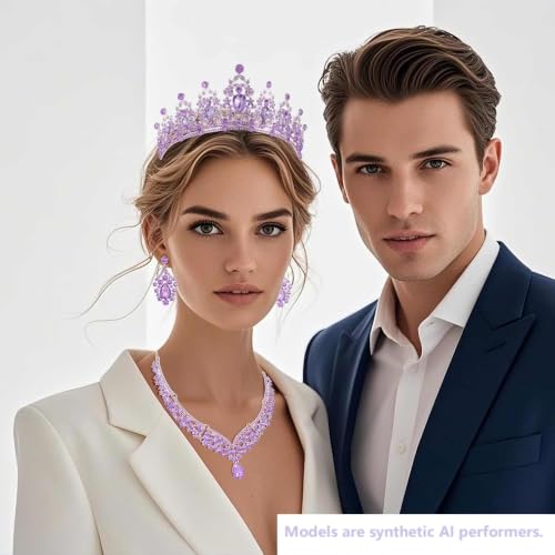 Kamirola Bridal Wedding Tiara Crown Jewelry Set for Women/Brides/Bridesmaids Crystal Jewelry Set for Wedding Prom Party Bridal Crystal Necklace Earrings Bracelet Set(TR60) - color: All Purple