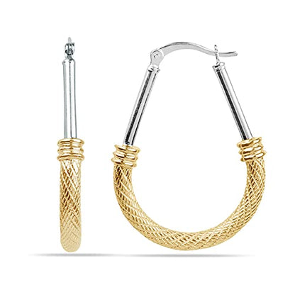 LeCalla 925 Sterling Silver Hoop Earrings for Women | Italian Design Classic Diamond-Cut Textured Hoops Earring | Women's Oval Drop Shape Silver Earring Jewelry - color: Large Two-Tone Textured