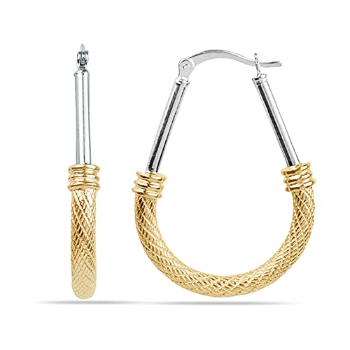 LeCalla 925 Sterling Silver Hoop Earrings for Women | Italian Design Classic Diamond-Cut Textured Hoops Earring | Women's Oval Drop Shape Silver Earring Jewelry - color: Large Two-Tone Textured