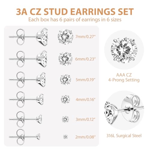 6/12 Pairs Silver Gold Stud Earrings Set for Women Men Cubic Zirconia 316L | Hypoallergenic, 14K Gold Plated Surgical Stainless Steel, 2 3 4 5 6 7 mm CZ Jewelry, Lightweight, Multiple Piercing - color: Sliver/6 Pair