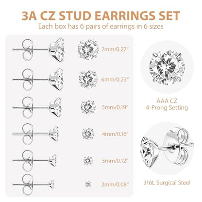 6/12 Pairs Silver Gold Stud Earrings Set for Women Men Cubic Zirconia 316L | Hypoallergenic, 14K Gold Plated Surgical Stainless Steel, 2 3 4 5 6 7 mm CZ Jewelry, Lightweight, Multiple Piercing - color: Sliver/6 Pair