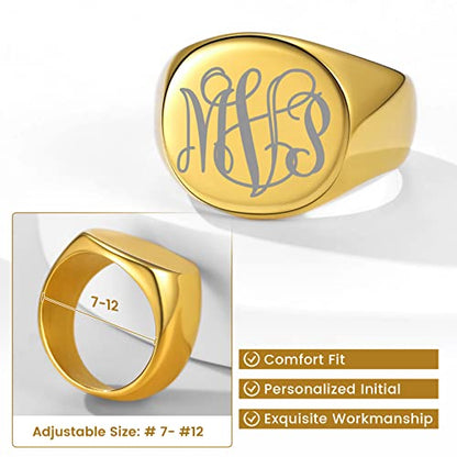 GoldChic Jewelry Personalized Signet Rings Men Women, Stainless Steel Custom Photo Bold Square/Oval Monogram/Old English Initial Pinky Stacking Statement Ring in Black/Silver/Gold (Size 7-14) - color: Gold-Monogram -Round