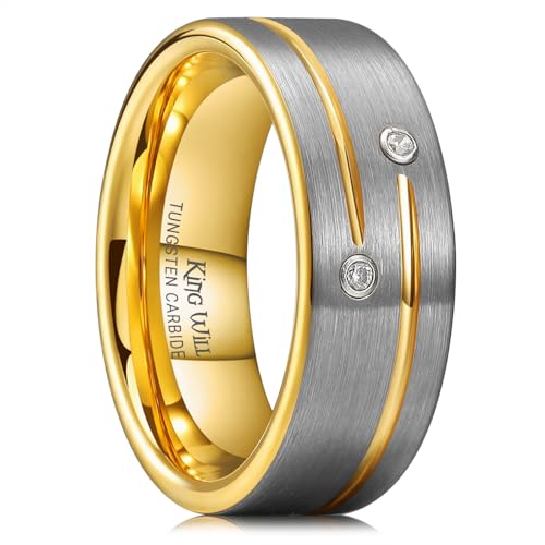 King Will Mens Tungsten Wedding Band with Cubic Zircon Inlay 7mm/8mm Flat Cut Comfort Fit Engagement Rings - color: C-Silver&Gold-8mm